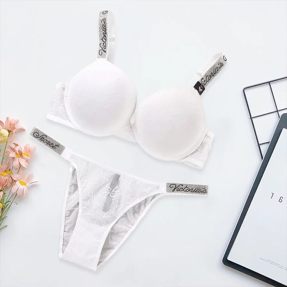 Vivid Contour Underwire Bra and Thong Set with Crystal-Embellished Straps