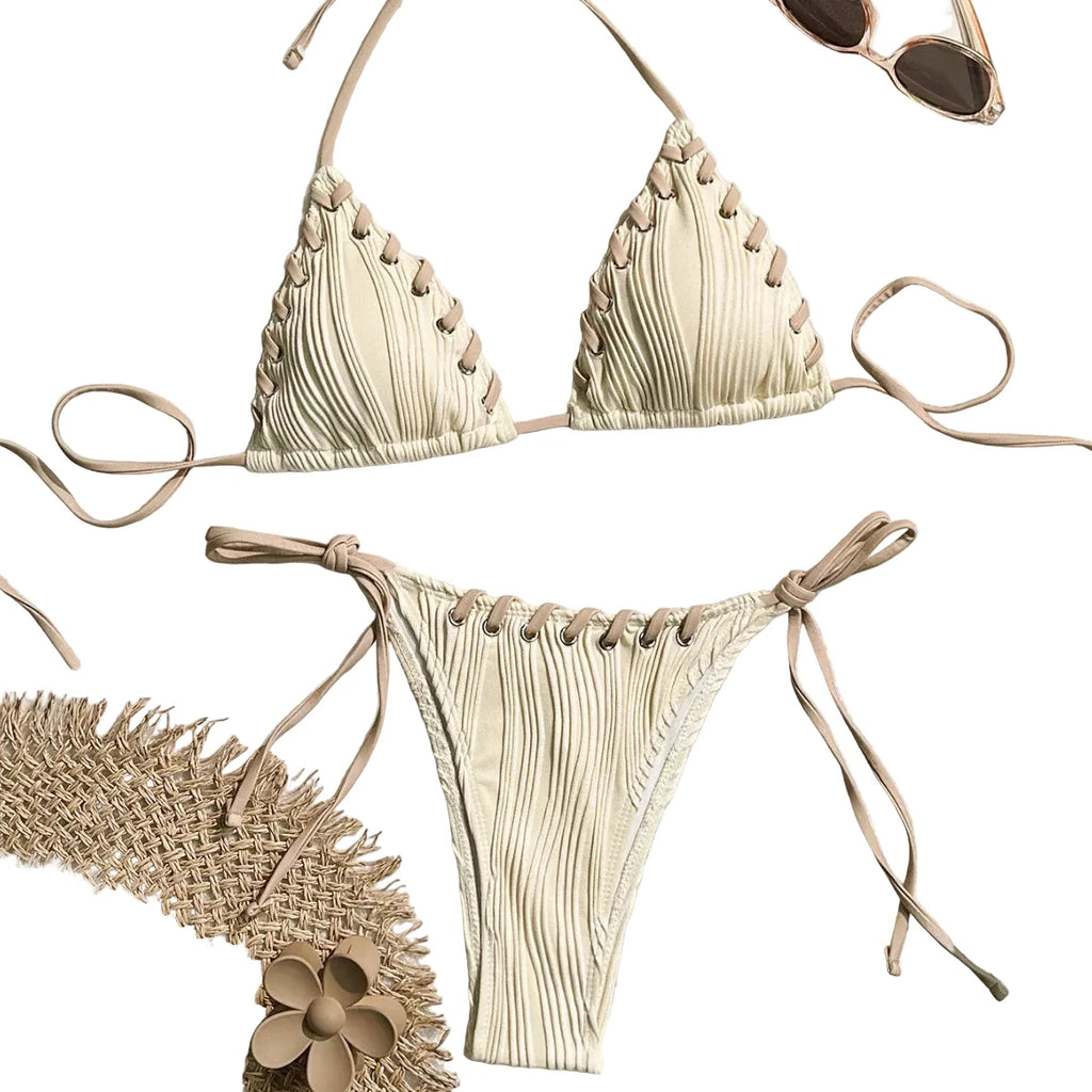 Textured Cream Triangle String Bikini with Shell-Inspired Embellishments