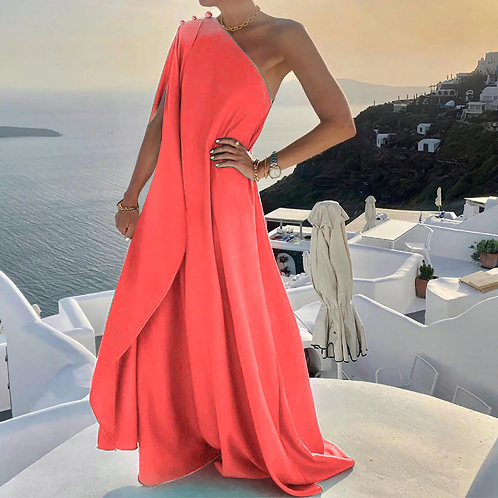 One Shoulder Pleated Maxi Dress with Relaxed Bohemian Silhouette