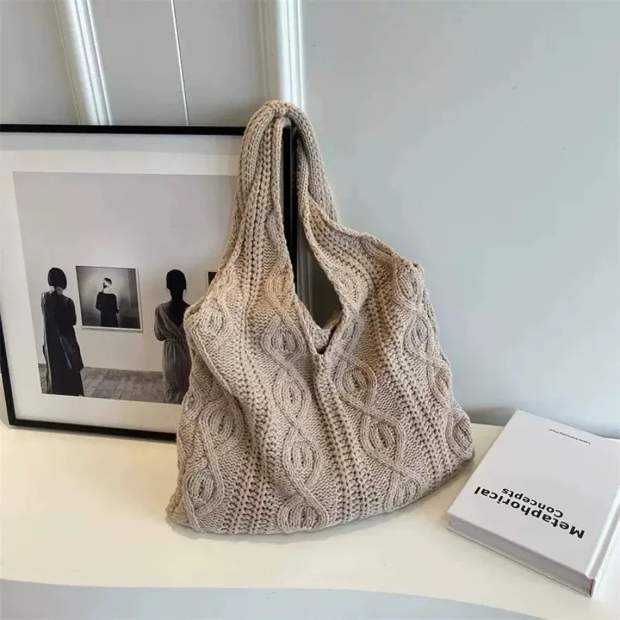 Open Knit Tote Shoulder Bag with Large Capacity Casual Design