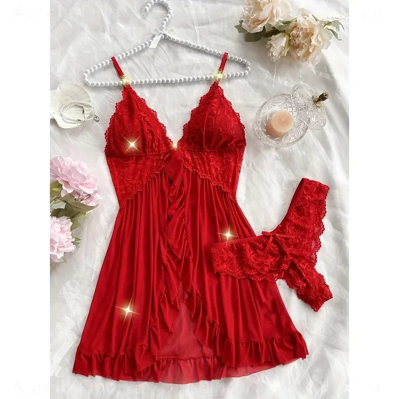 Lace Camisole and Shorts Pajama Set with V-Neckline, Bow Detail, Delicate Lace Trim and Ruffled Hem