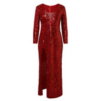 Deep Neck Sequin Maxi Dress With Long Sleeves And Side Slit