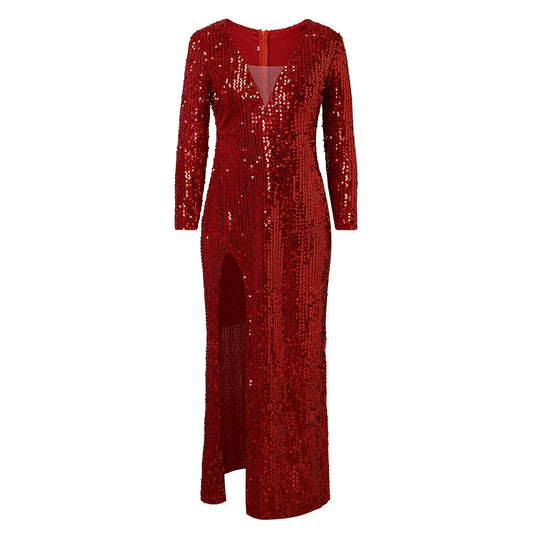 Deep Neck Sequin Maxi Dress With Long Sleeves And Side Slit