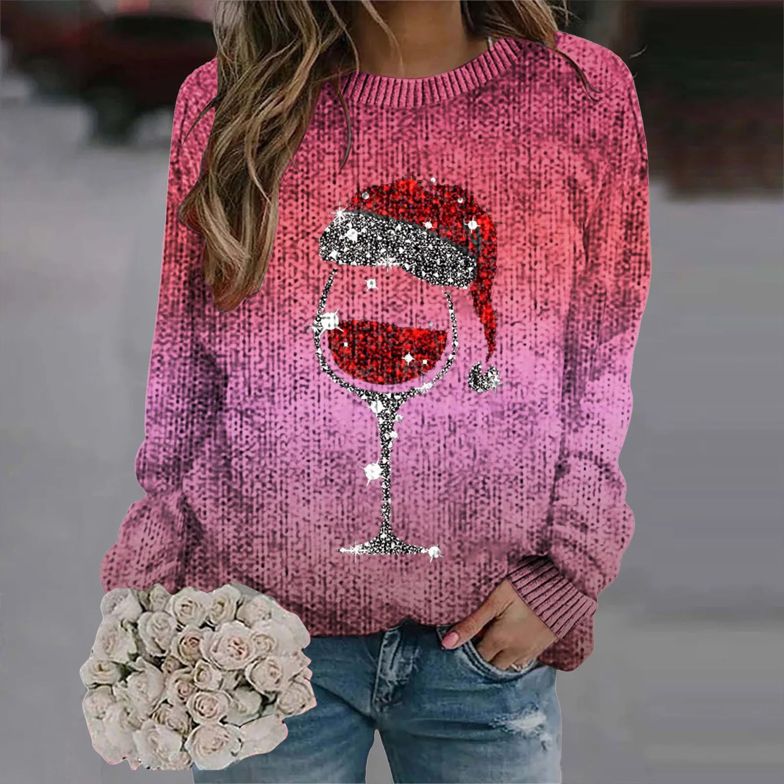 Women's Festive Graphic Crew Neck Thick Knit Pullover Sweater With Relaxed Fit