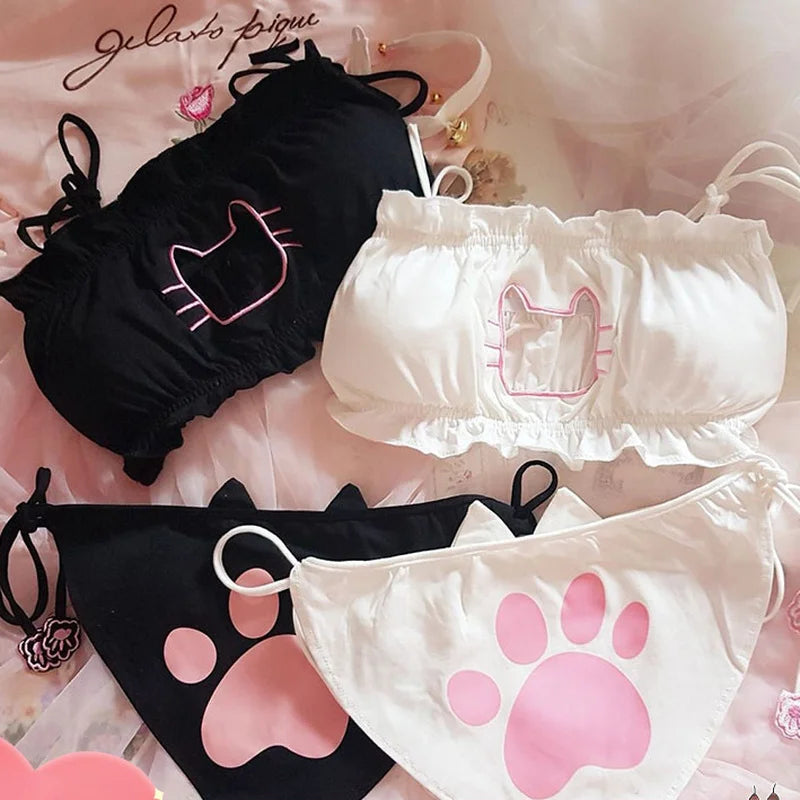 Playful Embroidered Cat Motif Wire-Free Bralette and Tie-Side Panty Set