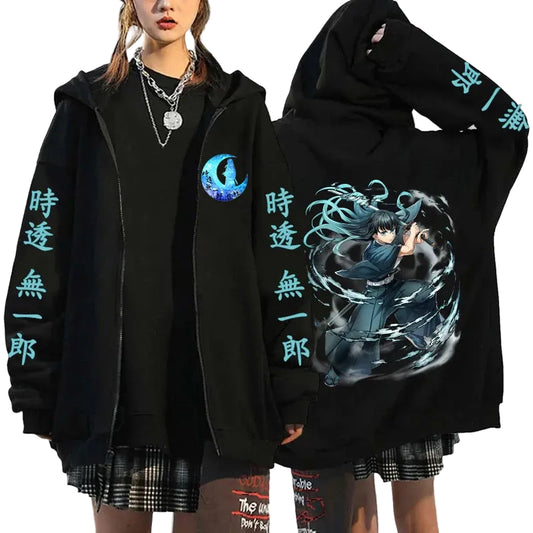 Mystic Warrior Zip Hoodie with Futuristic Manga Artwork