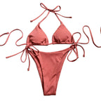Ribbed String Triangle Micro Bikini Set with Lace-Up Halter Top, Low-Rise Thong Bottom and Adjustable Beachwear Details
