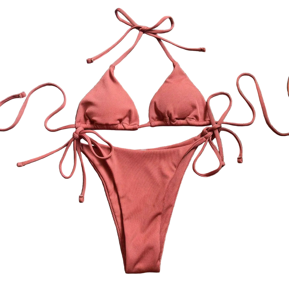 Ribbed String Triangle Micro Bikini Set with Lace-Up Halter Top, Low-Rise Thong Bottom and Adjustable Beachwear Details