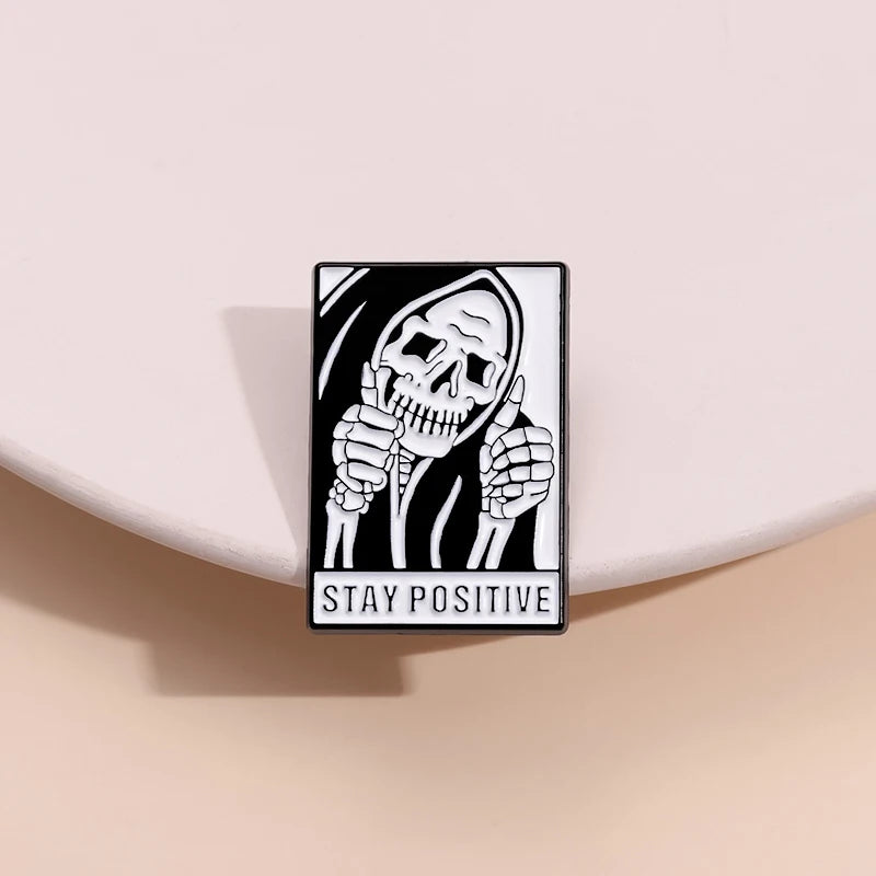 Stay Weird Skeleton Reader Gothic Enamel Pin for Alternative Fashion Styling