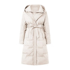 Women's Long Hooded Belted Puffer Coat with Quilted Design Mid-Length Winter Streetwear Outerwear