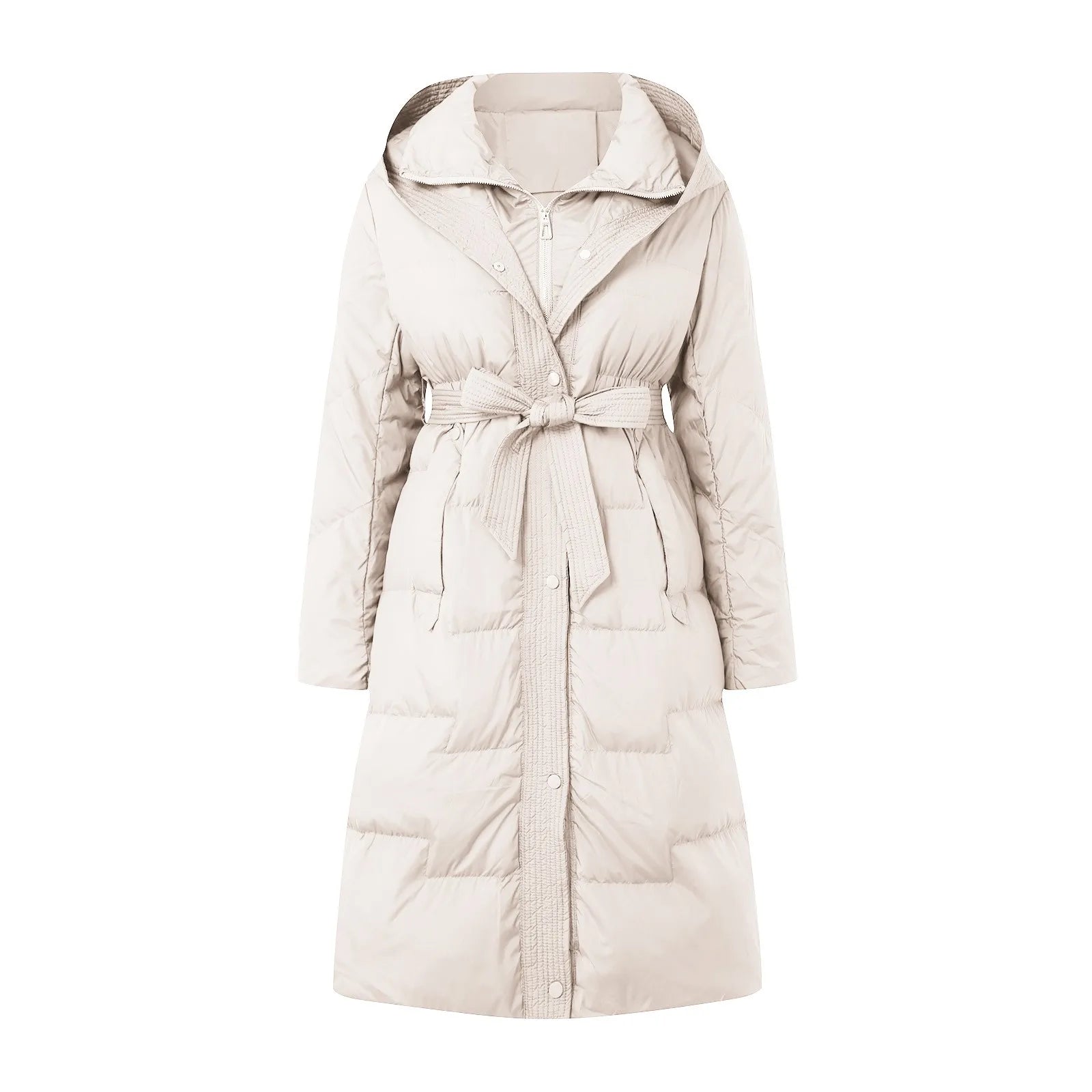 Women's Long Hooded Belted Puffer Coat with Quilted Design Mid-Length Winter Streetwear Outerwear