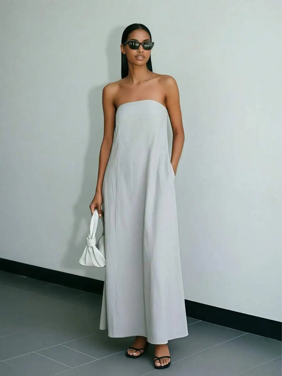Strapless Linen Maxi Dress with Backless Design and Relaxed Silhouette