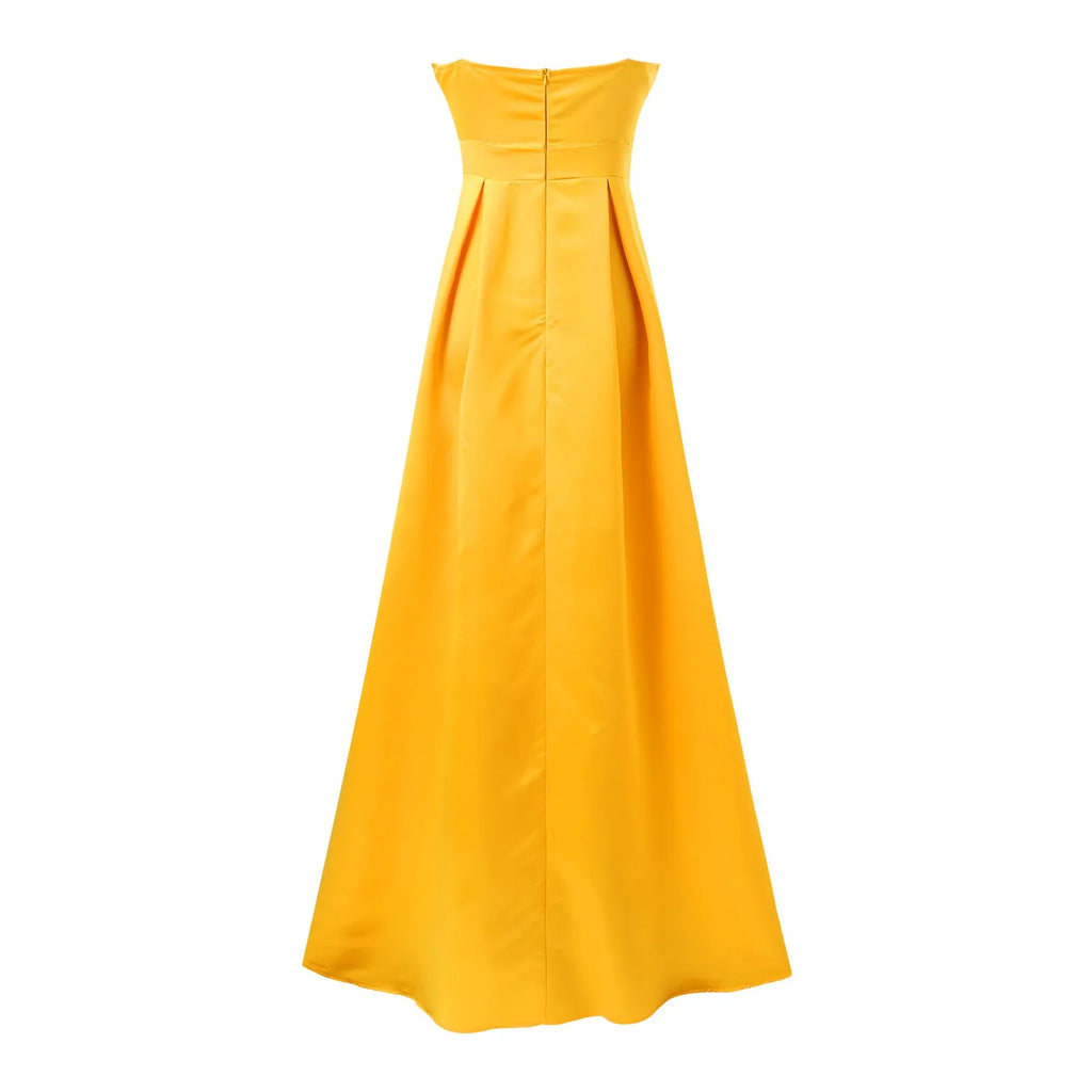 One Shoulder Satin-Inspired Maxi Dress with High Slit and Draped Detail