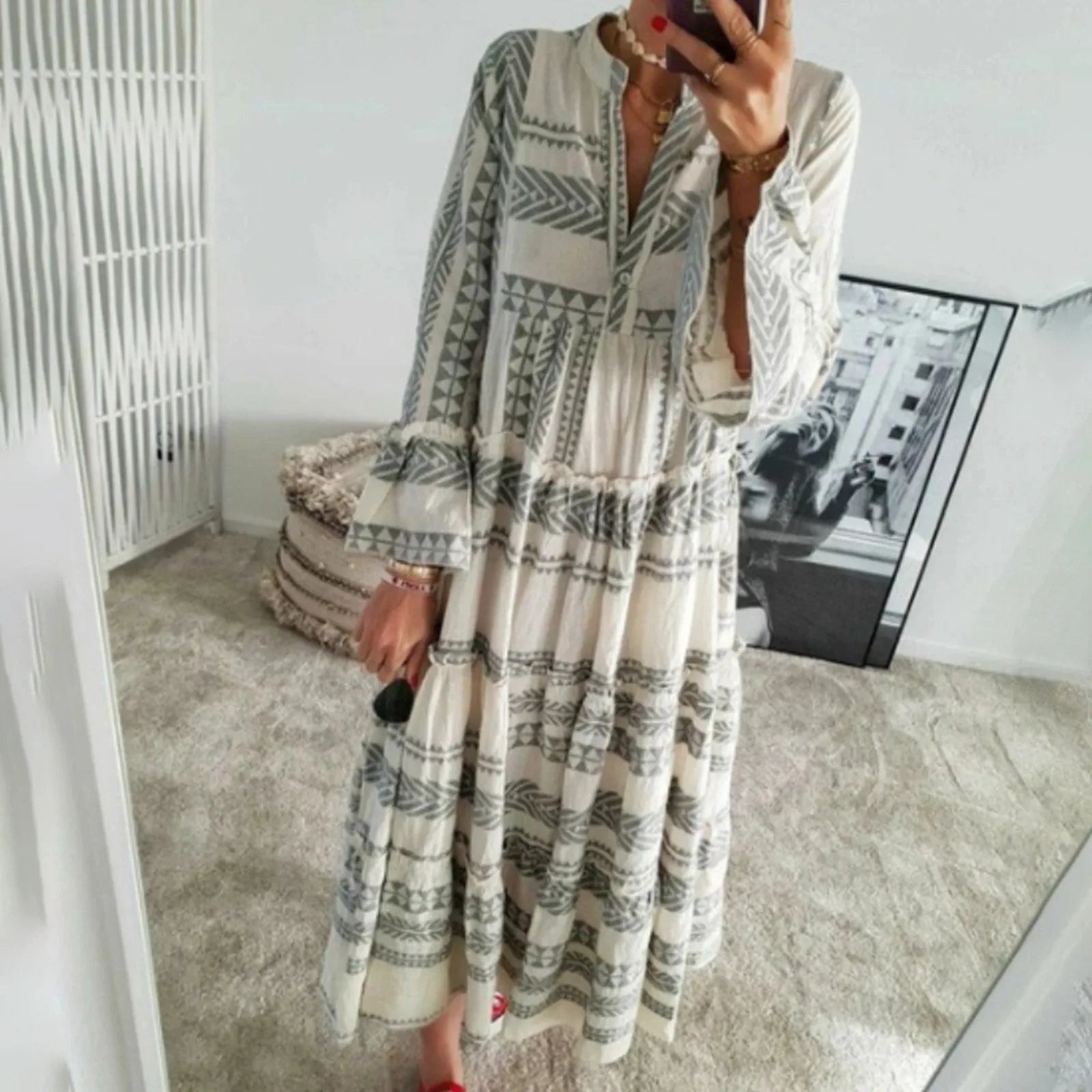 Bohemian Print Maxi Dress with V Neck and Flowy Long Sleeves