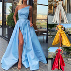 One Shoulder Satin-Inspired Maxi Dress with High Slit and Draped Detail