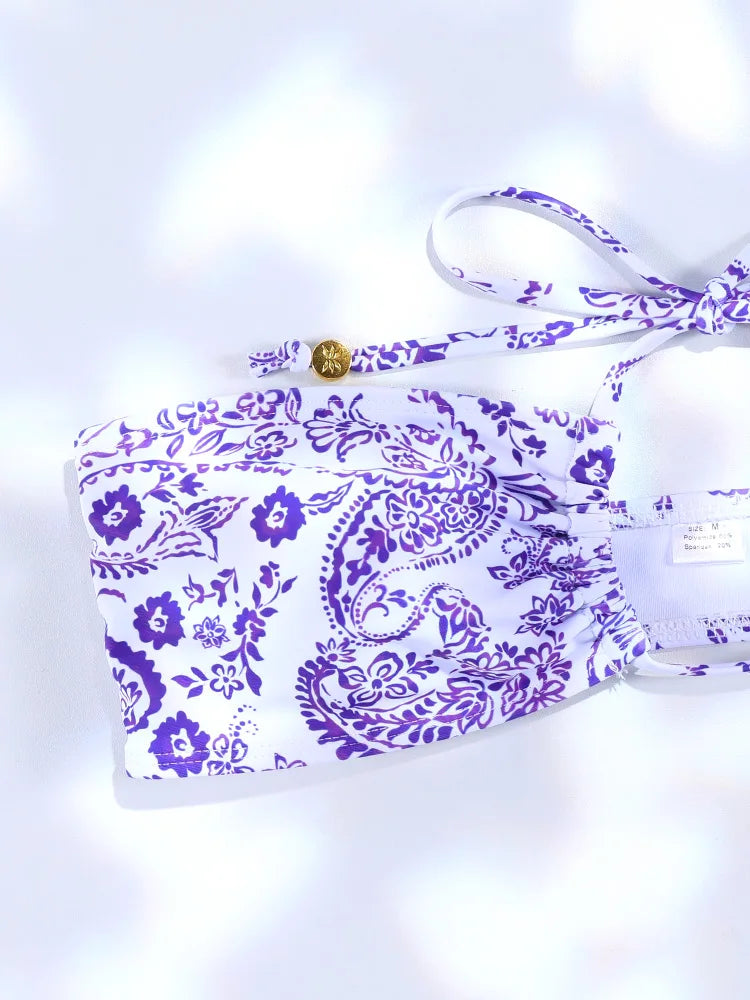 Purple Paisley and Floral Print Halter String Bikini