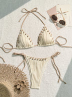 Textured Cream Triangle String Bikini with Shell-Inspired Embellishments