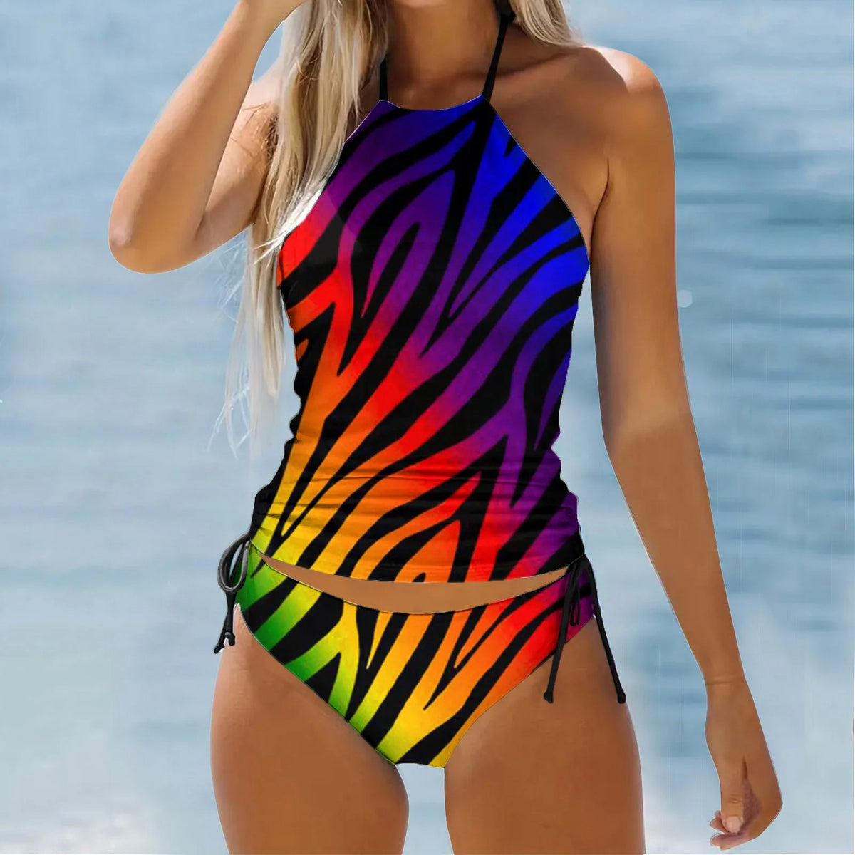 Geometric Print High-Waisted Tankini Set with Sleeveless Swim Top and Matching Shorts for Women