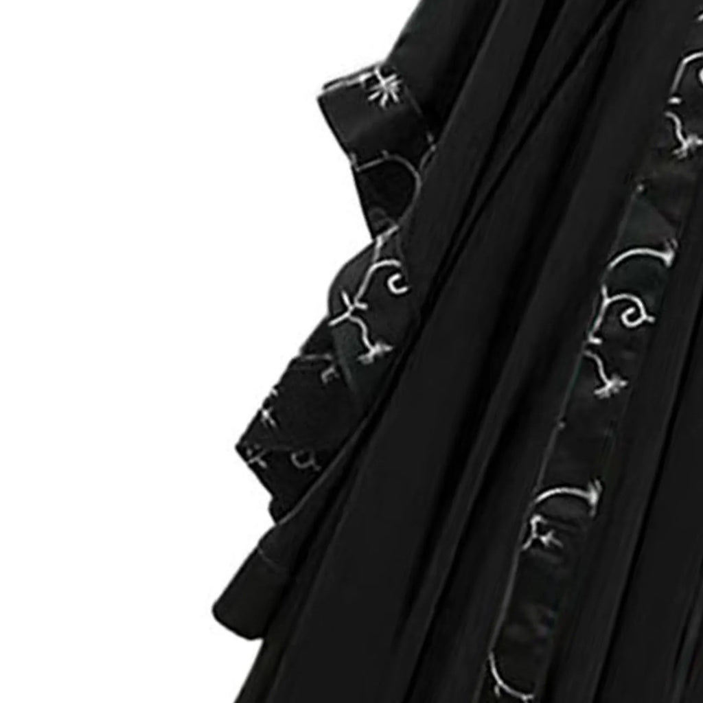 Dramatic Gothic Maxi Dress with Flared Sleeves and Ornate Trim