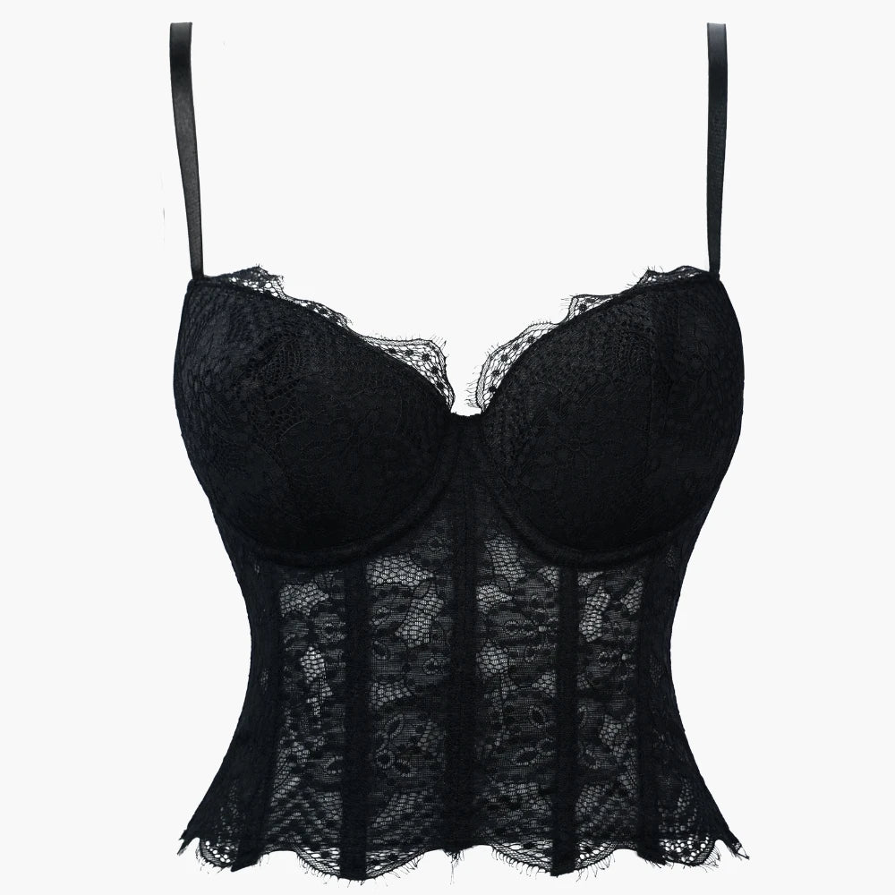 Romantic Black Floral Lace Bustier with Underwire Cups and Slender Straps