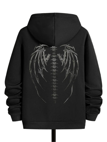 Dark Gothic Streetwear Hoodie With Wing Spine Graphic Design