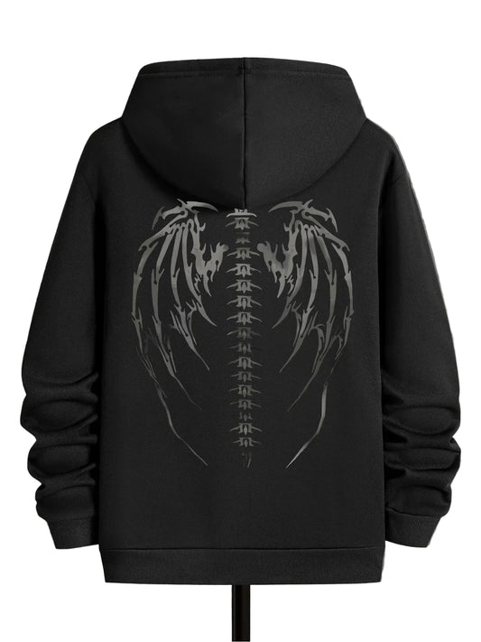 Dark Gothic Streetwear Hoodie With Wing Spine Graphic Design
