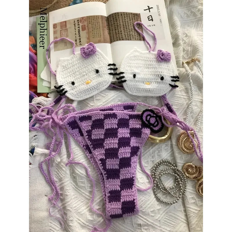 Hand-Crafted Crochet Halter Bikini Set with Whimsical Feline and Checkerboard Details