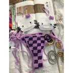 Hand-Crafted Crochet Halter Bikini Set with Whimsical Feline and Checkerboard Details
