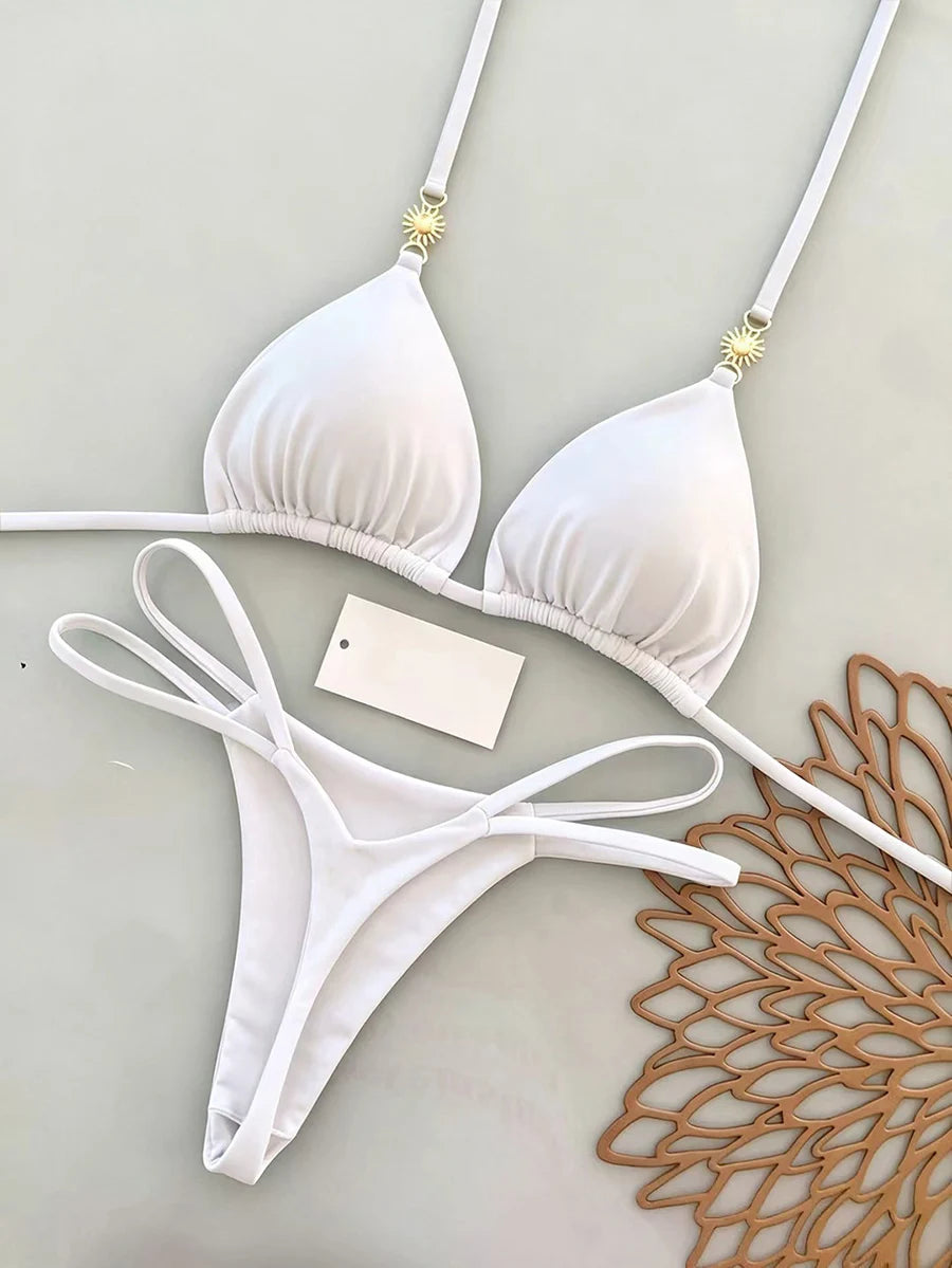Rich Burgundy Triangle Bikini Set with Double-Strap Tie Details and Gold Accents