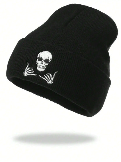 Embroidered Skull Graphic Acrylic Knit Beanie for Contemporary Streetwear Winter Casual Fashion Style