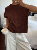Women's Floral Crew Neck Knit Sweater with Relaxed Summer Short Sleeves