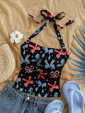 Floral Print Halter Crop Top with Bow Detail Summer Vacation Style