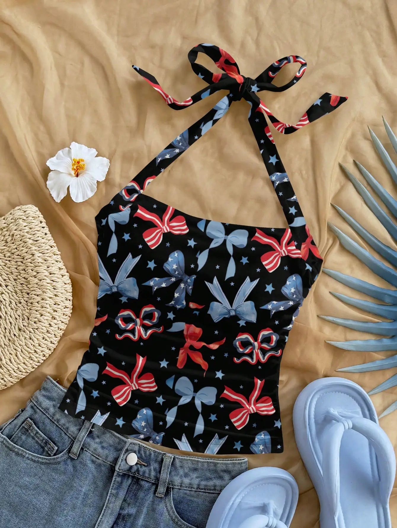 Floral Print Halter Crop Top with Bow Detail Summer Vacation Style