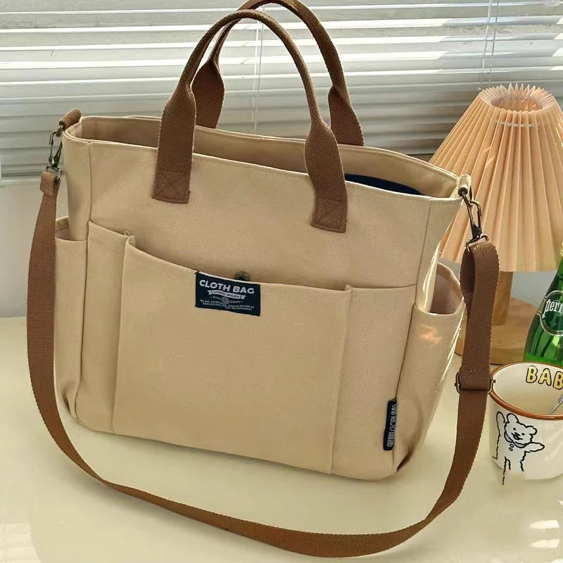 Minimal Canvas Tote Shoulder Crossbody Bag with Large Capacity Design