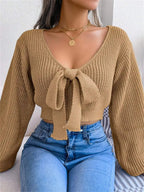 Women's V-Neck Bow Tie Front Cropped Knit Sweater With Relaxed Sleeves