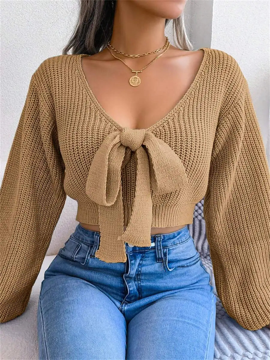 Women's V-Neck Bow Tie Front Cropped Knit Sweater With Relaxed Sleeves