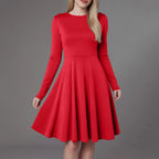 Elegant Solid Color Long-Sleeve A-Line Dress with High Waistline