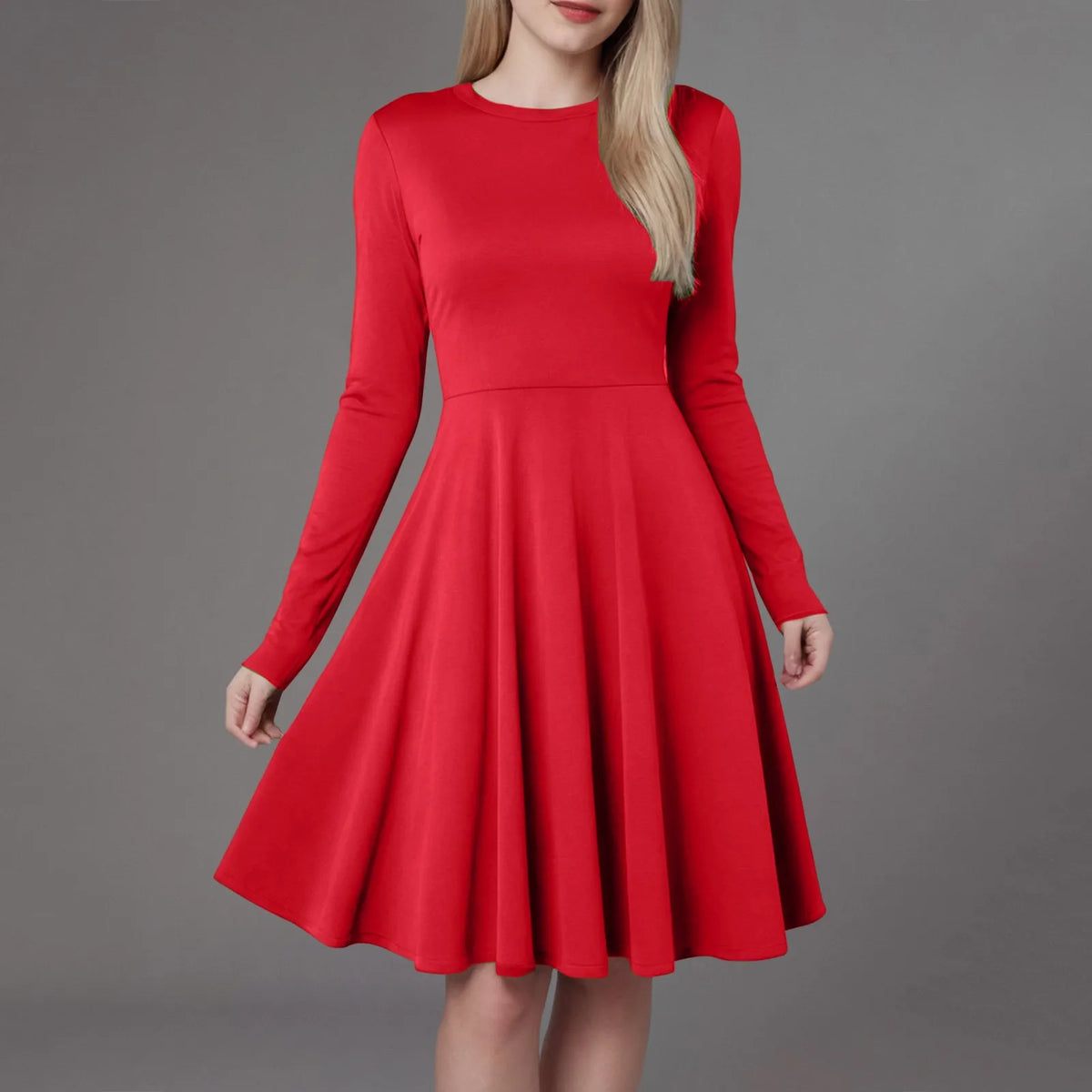 Elegant Solid Color Long-Sleeve A-Line Dress with High Waistline