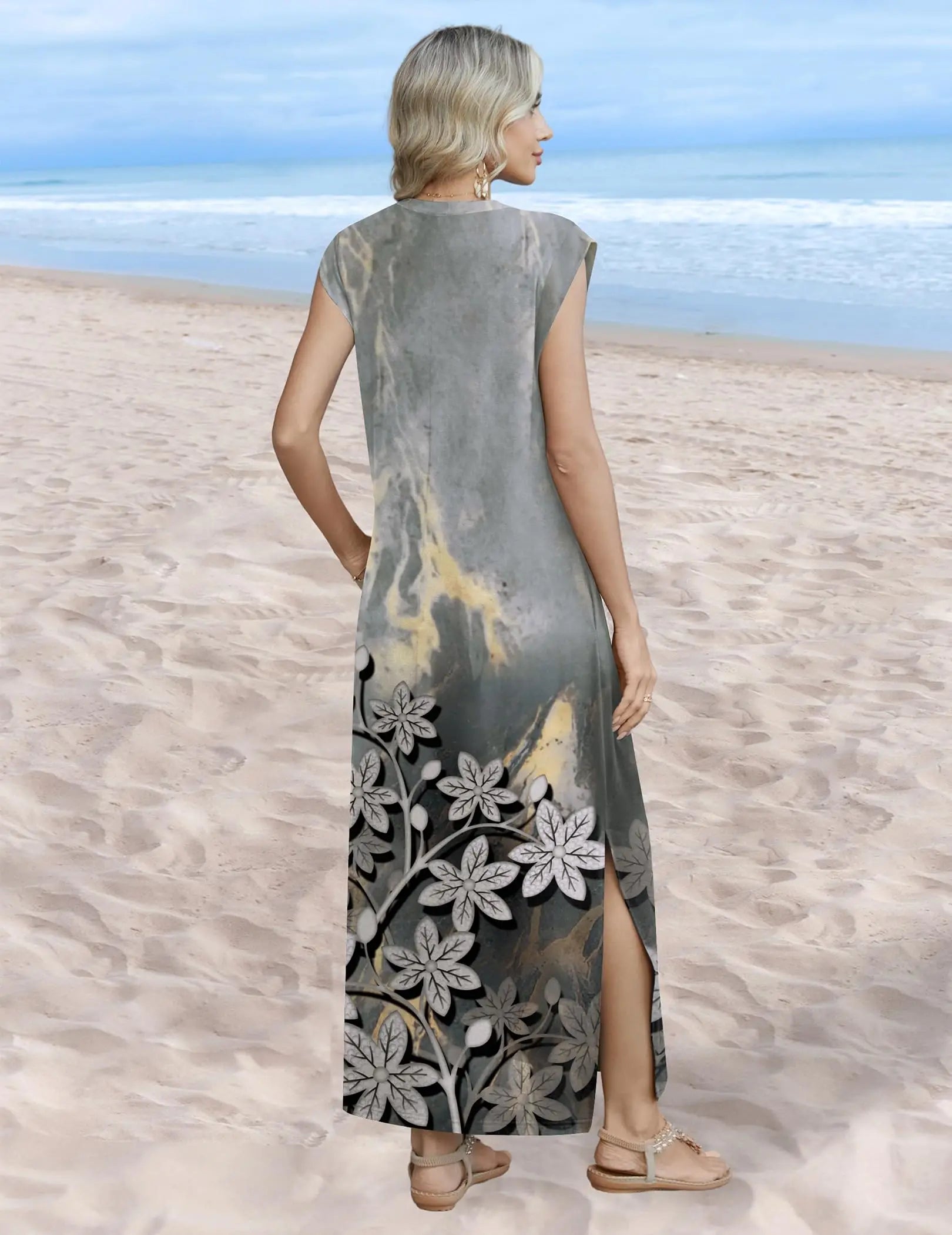 Loose Fit Sleeveless Floral Maxi Dress with Pockets for Casual Styling