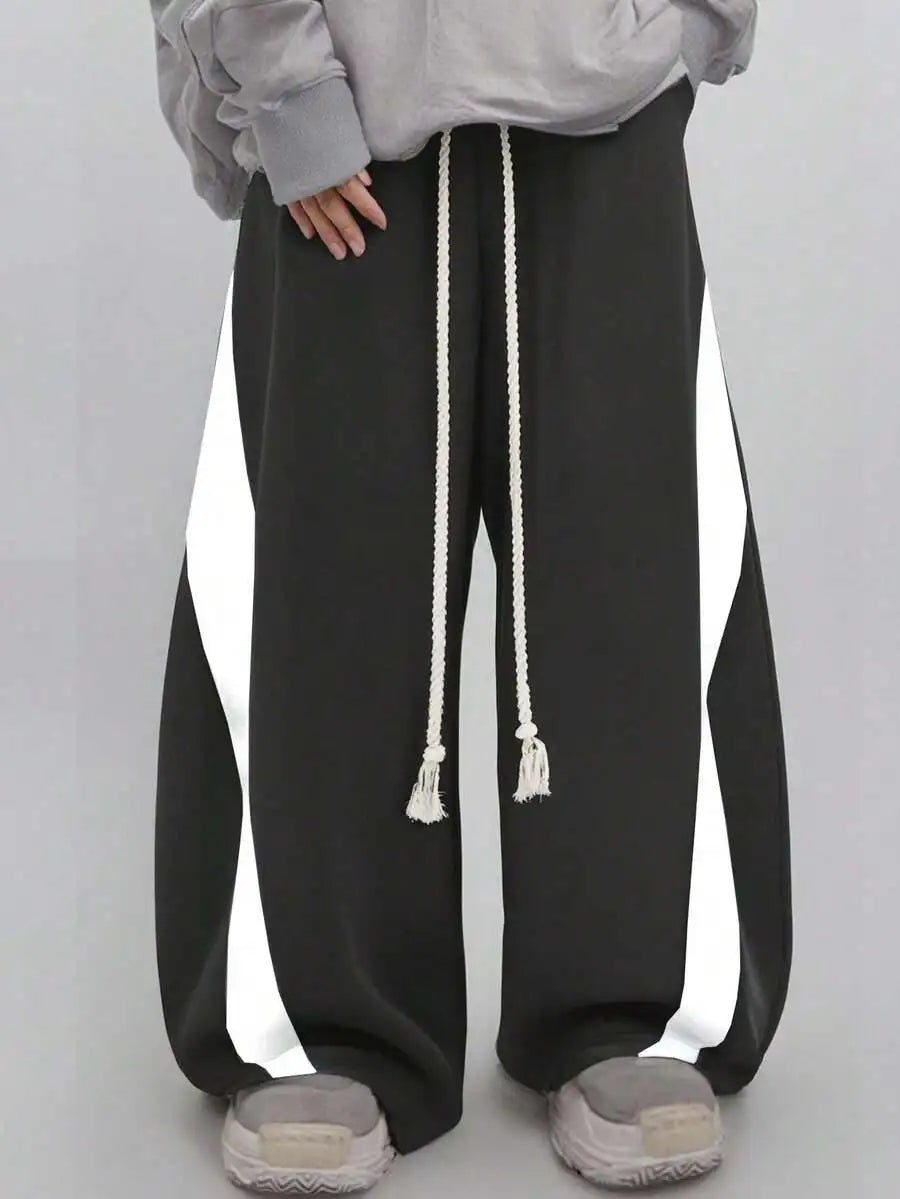 Men's Wide Leg Drawstring Sweatpants with Contrast Panel Design and Relaxed Fit