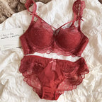 Crimson Red Textured Floral Lace Underwire Bra and Scalloped Panty Set