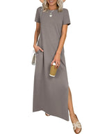 Relaxed Crew Neck Maxi Dress with Side Slits and Functional Pockets
