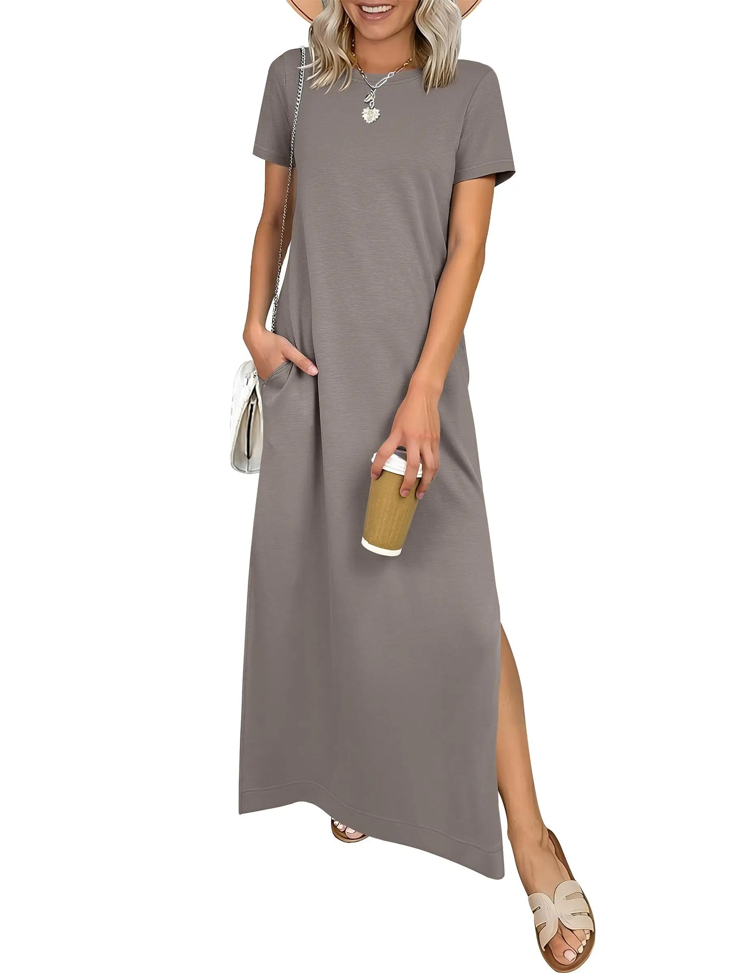 Relaxed Crew Neck Maxi Dress with Side Slits and Functional Pockets