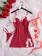 Sleek Black Satin-Finish Chemise with White Lace Appliqué and Matching Panty
