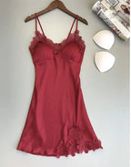 Elegant Smooth Knit Slip Dress with Lace Neckline and Removable Padding