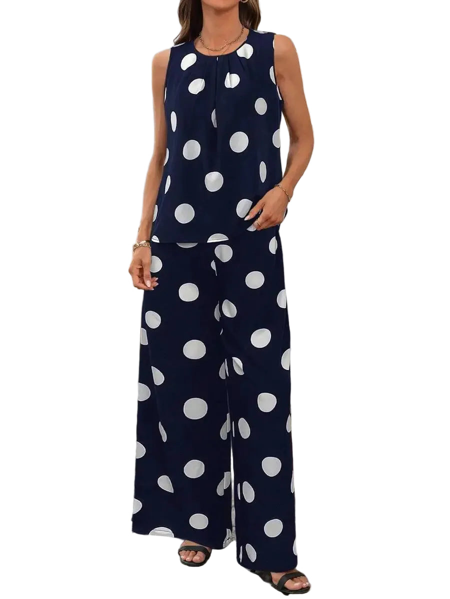 Women's Polka Dot Sleeveless Top and Wide Leg Pants Co-Ord Set