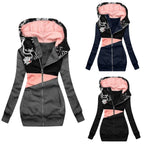 Women's Hooded Zip-Up Jacket with Patchwork Graphic Relaxed Streetwear Everyday Style