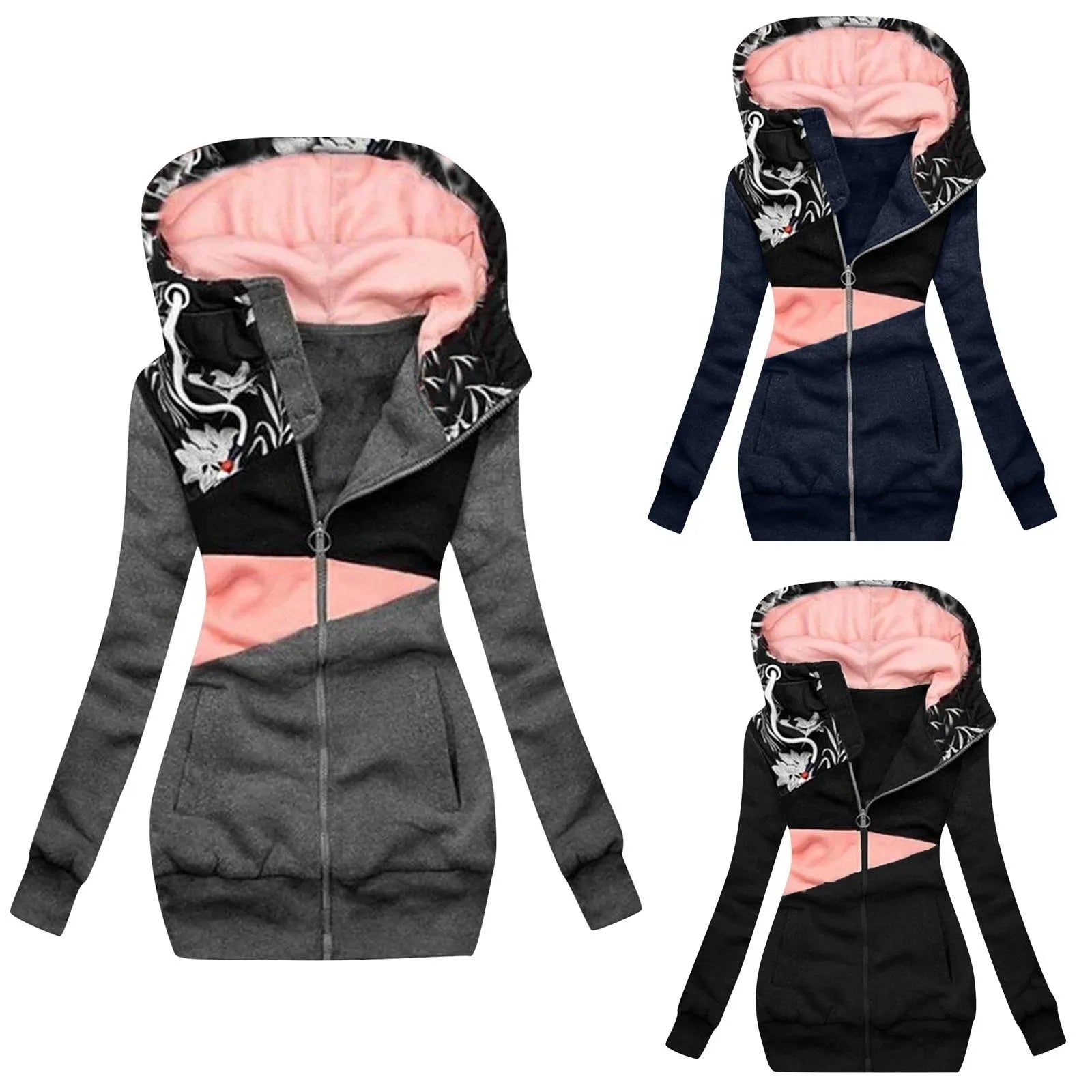 Women's Hooded Zip-Up Jacket with Patchwork Graphic Relaxed Streetwear Everyday Style