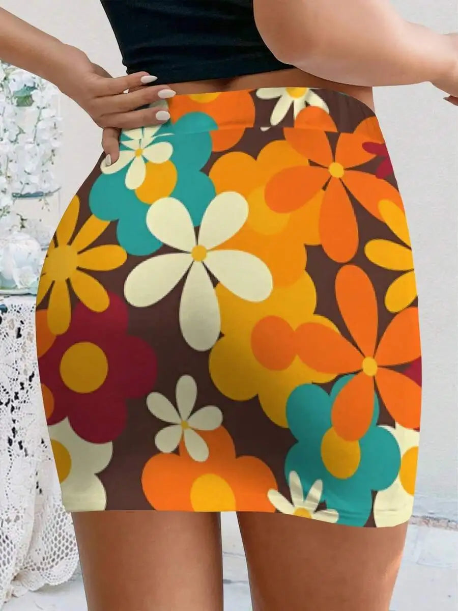 Retro Floral Print Bodycon Mini Skirt with Stretch Slim Fit Design