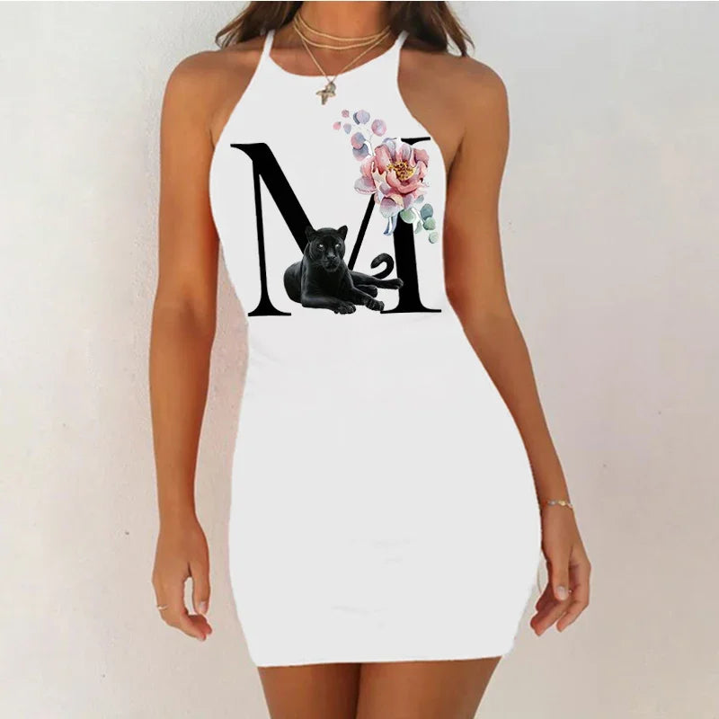 White Sleeveless Mini Nightgown with Bold Black Letter and Graphic Print, Slim Silhouette and Above-Knee Length